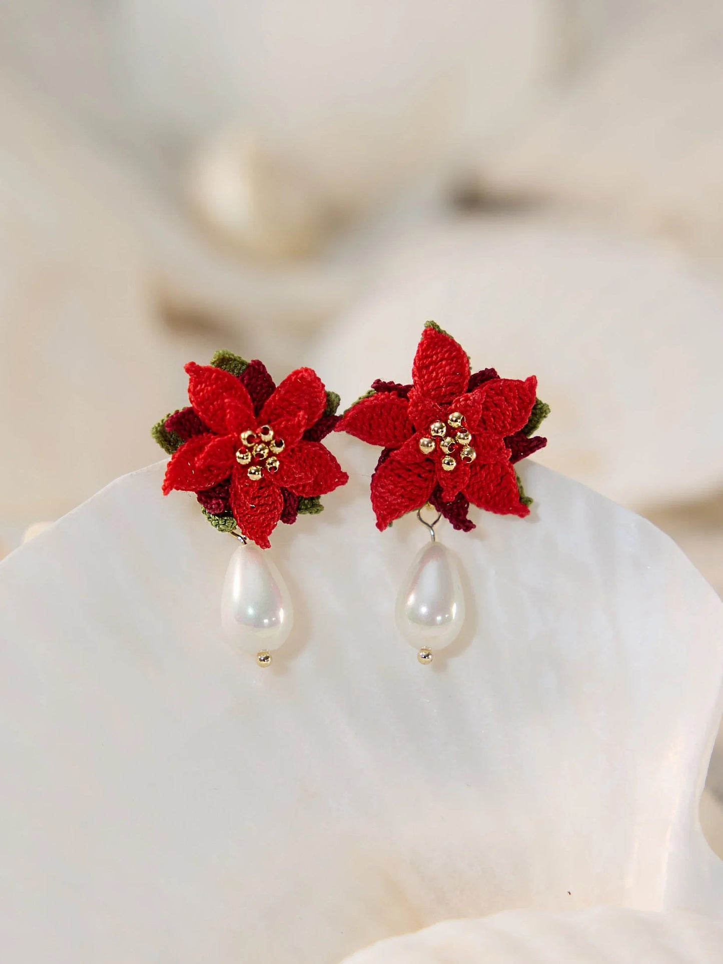Poinsettia Micro Crochet Earrings Handmade Christmas Gift