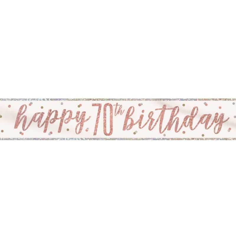 Rose Gold Holographic 70th Birthday Foil Banner