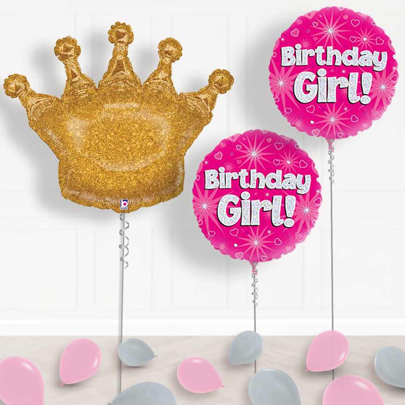 Birthday Girls Balloons Display in a Box - Birthday Girl Balloon Package | Small Indoor Plants
