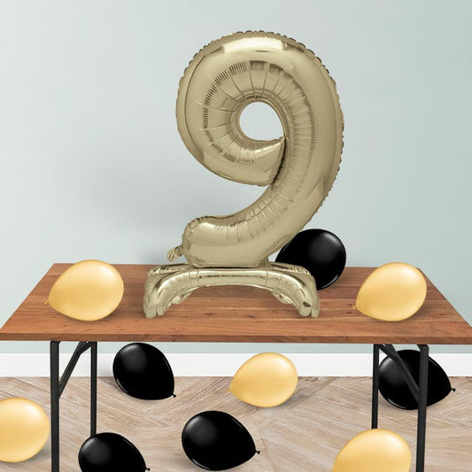 Gold Number 9 Birthday Inflated Standing Balloon Decoration - Number 9 | Small Indoor Plants