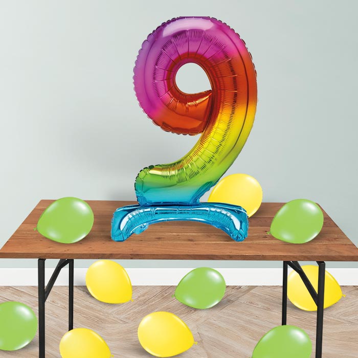 Rainbow Number 9 Birthday Inflated Standing Balloon Decoration - Number 9 | Small Indoor Plants