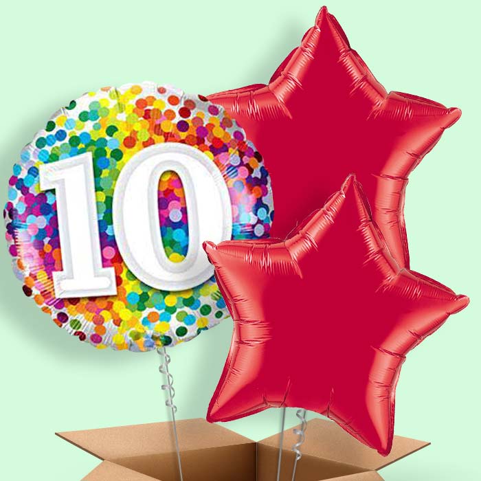 10th Birthday Balloons in a Box - Colourful - 3 Balloon | Small Indoor Plants