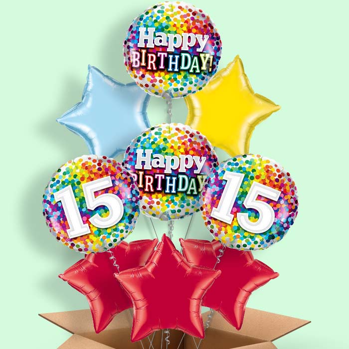 15th Birthday Balloons in a Box - Rainbow Confetti - 9 Balloon | Small Indoor Plants