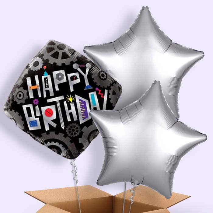 Happy Birthday Robot Cogwheels Balloon in a Box - 3 Balloon | Small Indoor Plants