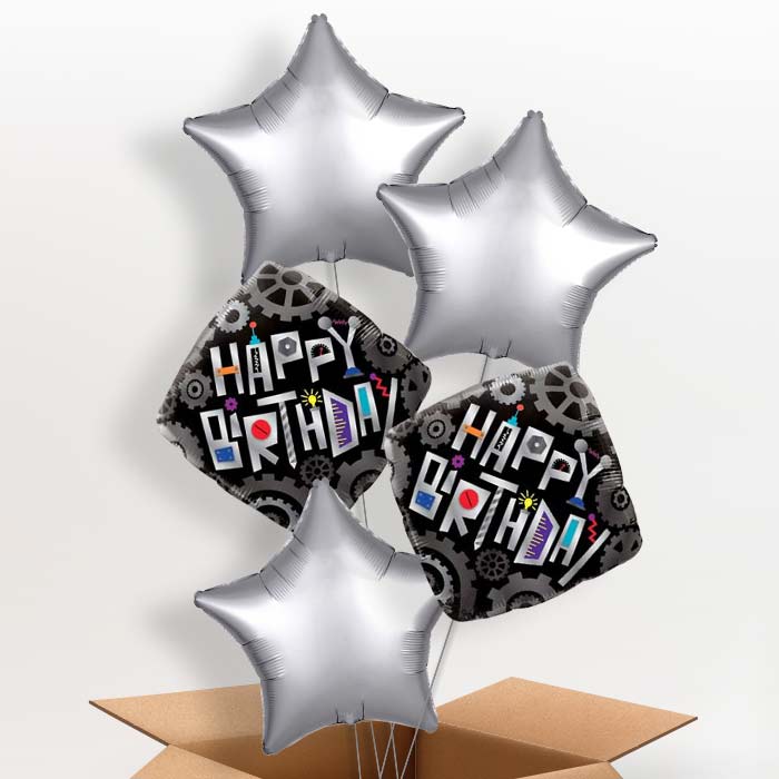 Happy Birthday Robot Cogwheels Balloon in a Box - 5 Balloon | Small Indoor Plants