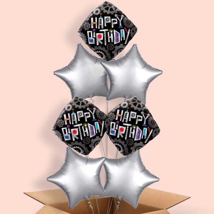 Happy Birthday Robot Cogwheels Balloon in a Box - 7 Balloon | Small Indoor Plants