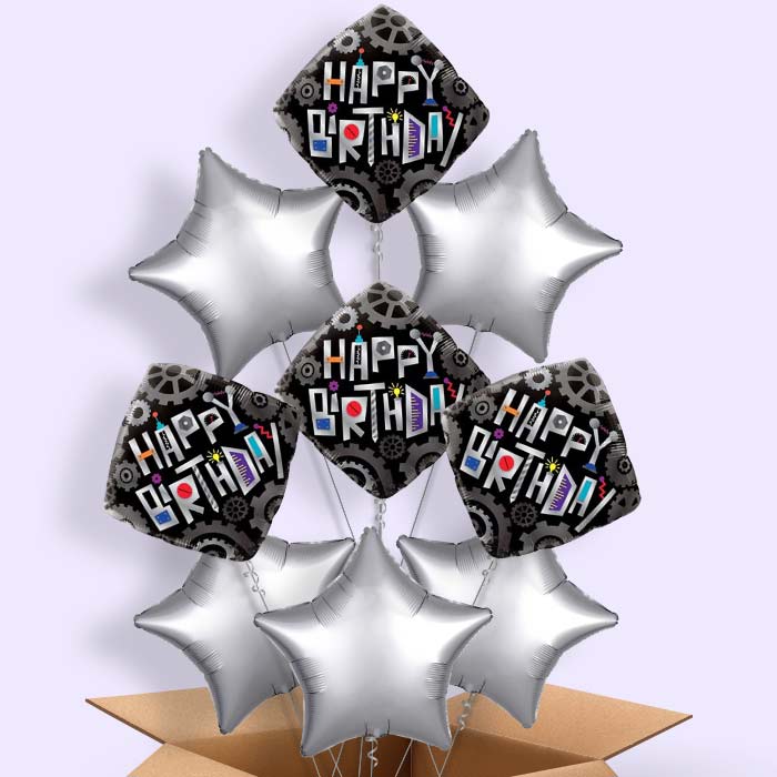 Happy Birthday Robot Cogwheels Balloon in a Box - 9 Balloon | Small Indoor Plants