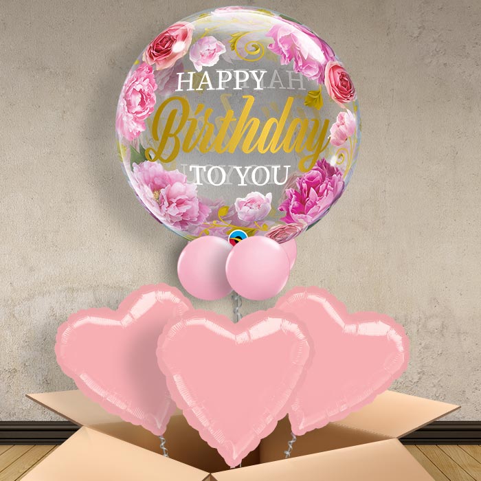 Pink Peonies Birthday Bubble Helium Balloon in a Box