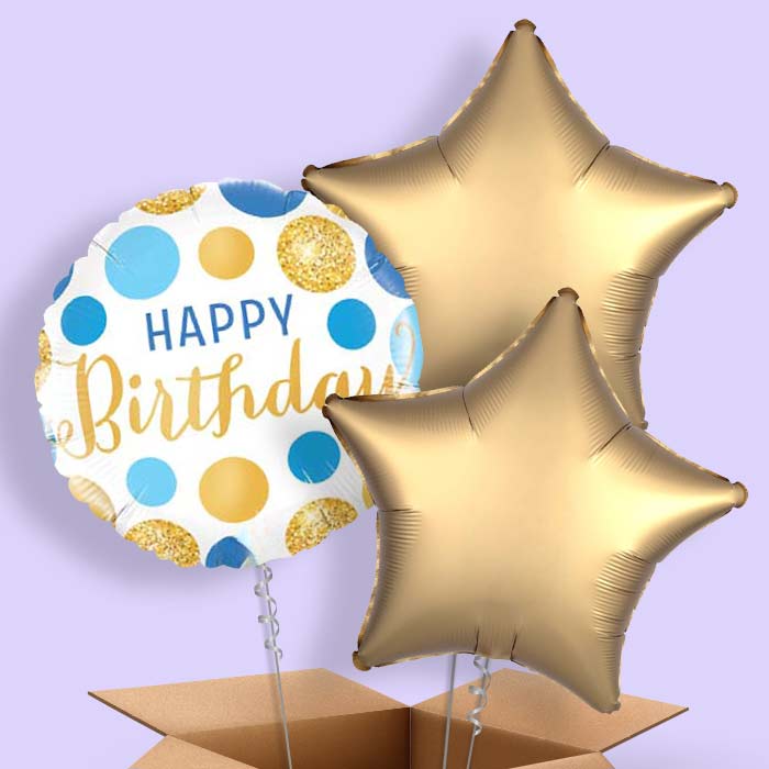 Happy Birthday Blue and Gold Balloons in a Box! - 3 Balloon | Small Indoor Plants