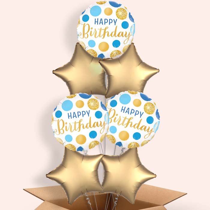 Happy Birthday Blue and Gold Balloons in a Box! - 7 Balloon | Small Indoor Plants
