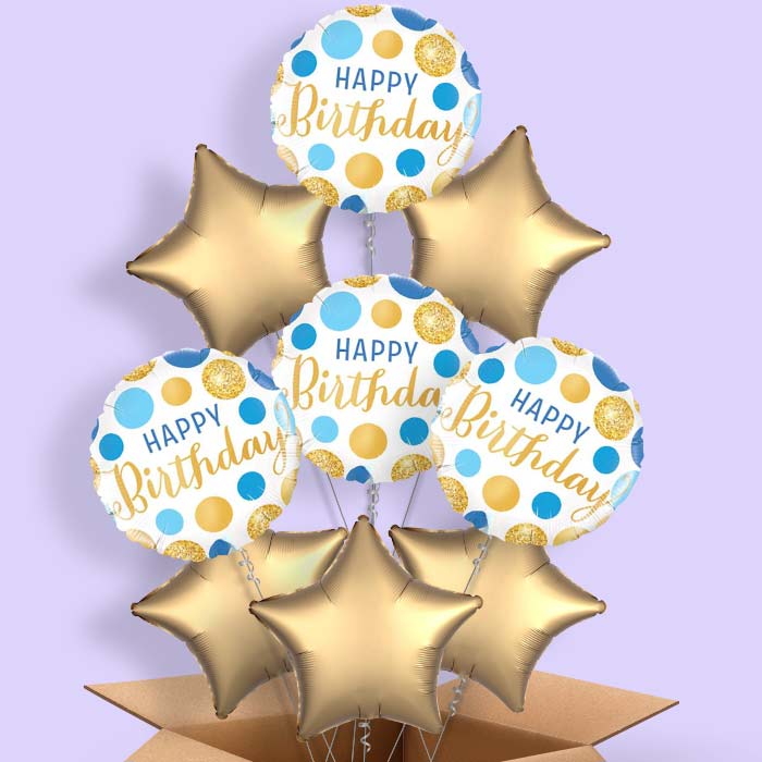 Happy Birthday Blue and Gold Balloons in a Box! - 9 Balloon | Small Indoor Plants