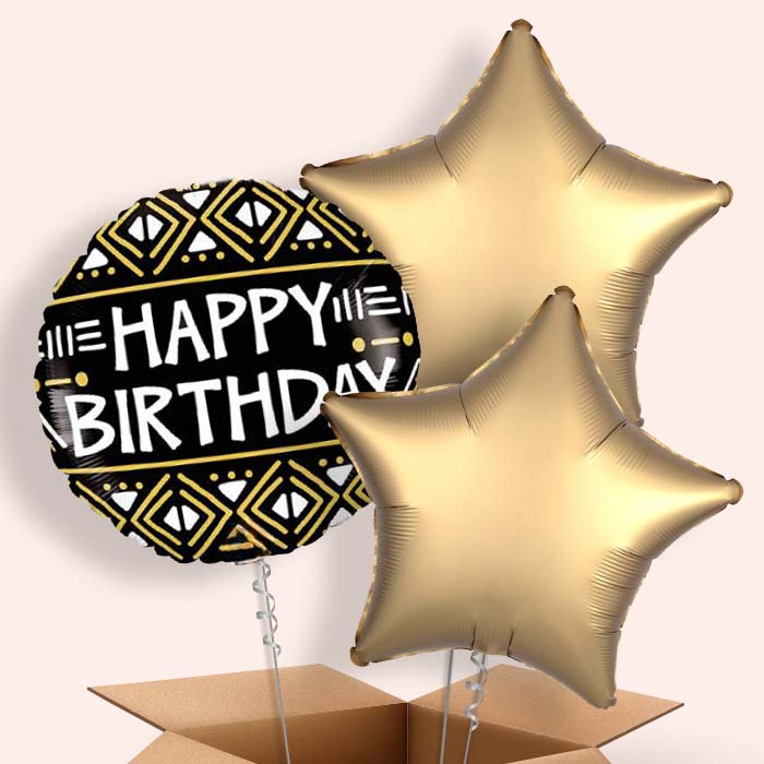 Mud Cloth Print Happy Birthday Balloon in a Box - 3 Balloon | Small Indoor Plants