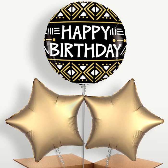Mud Cloth Print Happy Birthday Balloon Bunches | Small Indoor Plants