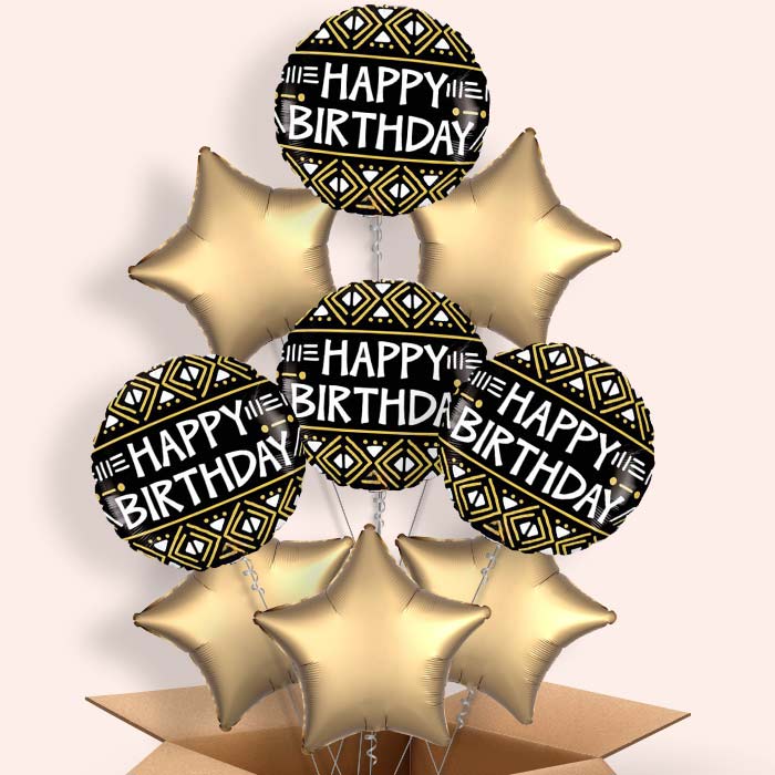 Mud Cloth Print Happy Birthday Balloon in a Box - 9 Balloon | Small Indoor Plants