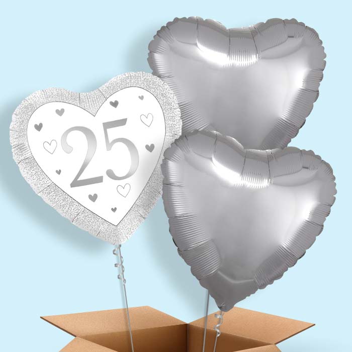 Silver Happy 25th Anniversary Heart Foil Balloon in a Box - 3 Balloon | Small Indoor Plants