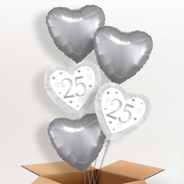 Silver Happy 25th Anniversary Heart Foil Balloon in a Box - 5 Balloon | Small Indoor Plants