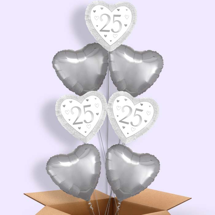 Silver Happy 25th Anniversary Heart Foil Balloon in a Box - 7 Balloon | Small Indoor Plants