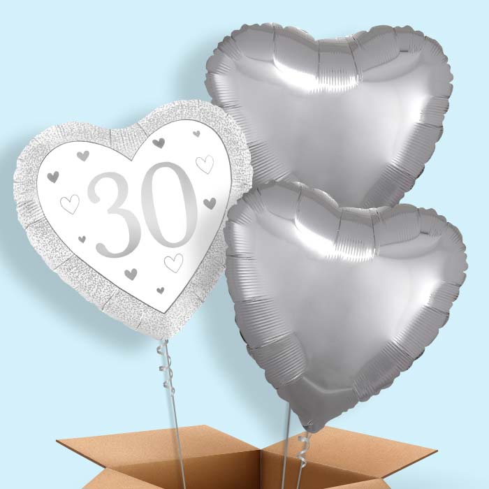 Silver Happy 30th Anniversary Heart Foil Balloon in a Box - 3 Balloon | Small Indoor Plants