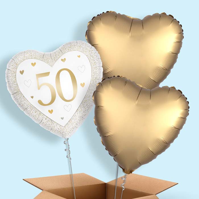 Gold Happy 50th Anniversary Heart Foil Balloon in a Box - 3 Balloon | Small Indoor Plants