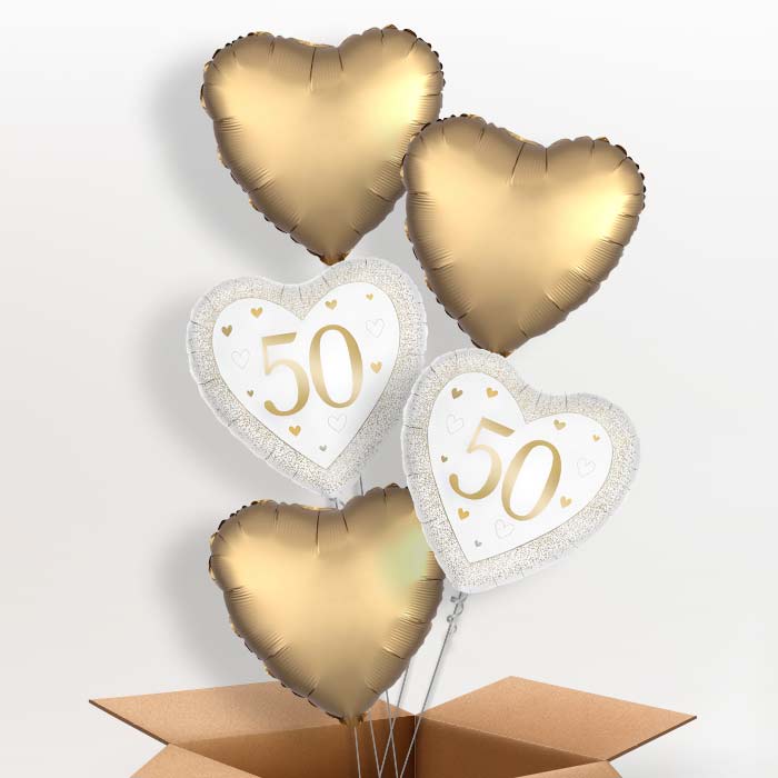 Gold Happy 50th Anniversary Heart Foil Balloon in a Box - 5 Balloon | Small Indoor Plants
