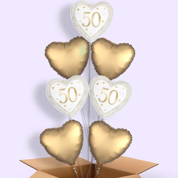 Gold Happy 50th Anniversary Heart Foil Balloon in a Box - 7 Balloon | Small Indoor Plants