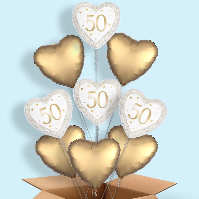 Gold Happy 50th Anniversary Heart Foil Balloon in a Box - 9 Balloon | Small Indoor Plants