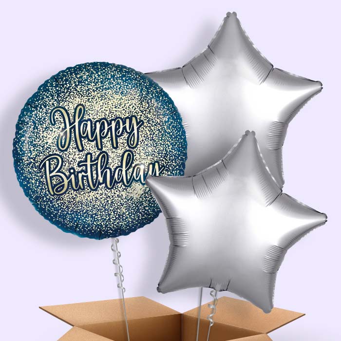 Navy and Gold Happy Birthday Foil Balloon in a Box - 3 Balloon | Small Indoor Plants
