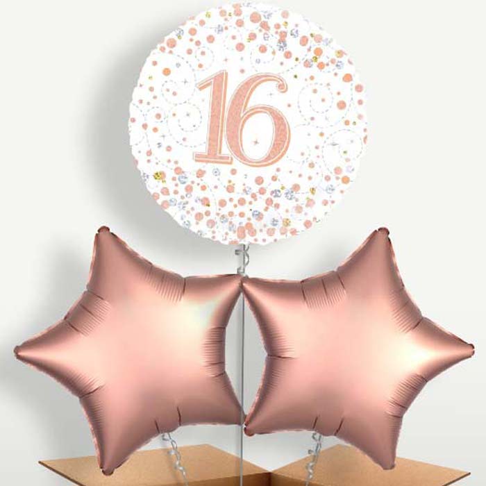 Rose Gold & White 16th Birthday Trio Balloon Bunch | Small Indoor Plants
