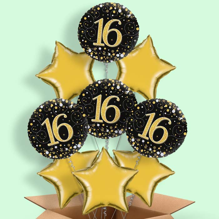 Black & Gold 16th Birthday Balloon in a Box - 9 Balloon | Small Indoor Plants