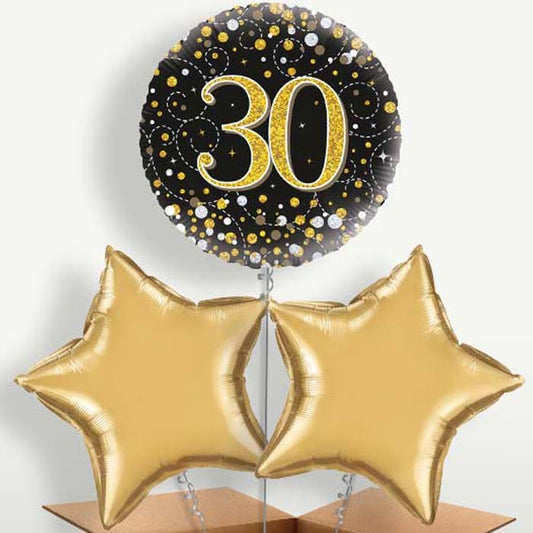 Black Gold 30th Bunch of Balloons inflated with Helium | Small Indoor Plants