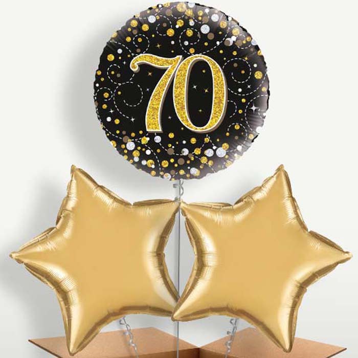 Black & Gold 70th Bunch of Balloons inflated with Helium | Small Indoor Plants