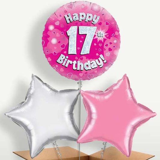 Happy 17th Birthday Pink Hearts Trio Balloon Bunch | Small Indoor Plants