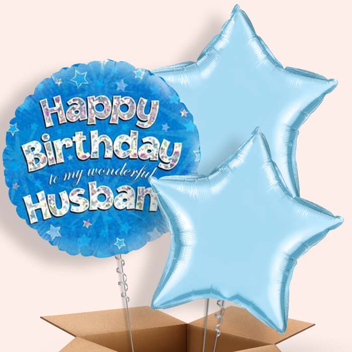 Husband Birthday Balloons in a Box - Blue Stars - 3 Balloon | Small Indoor Plants