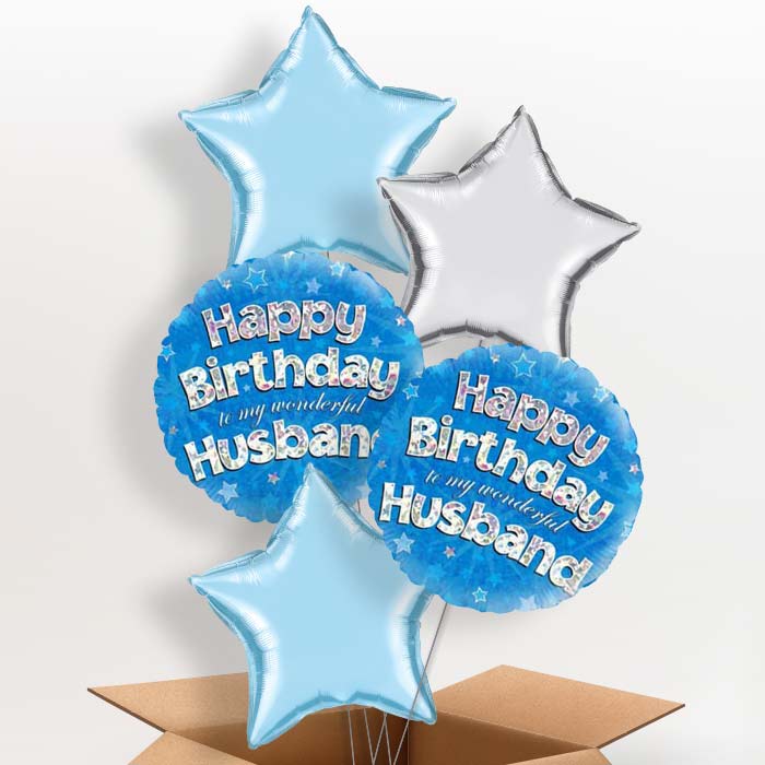 Husband Birthday Balloons in a Box - Blue Stars - 5 Balloon | Small Indoor Plants
