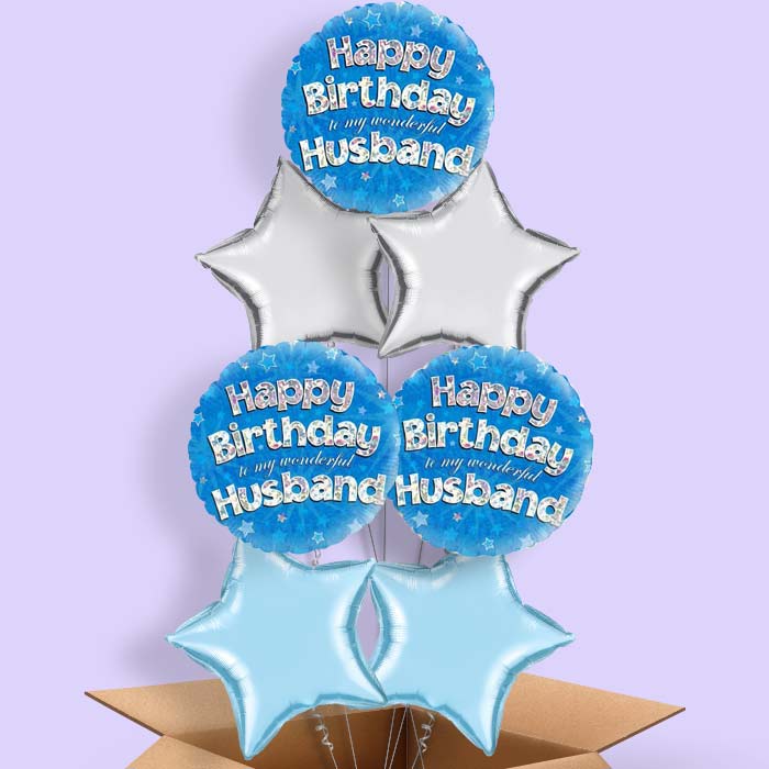 Husband Birthday Balloons in a Box - Blue Stars - 7 Balloon | Small Indoor Plants