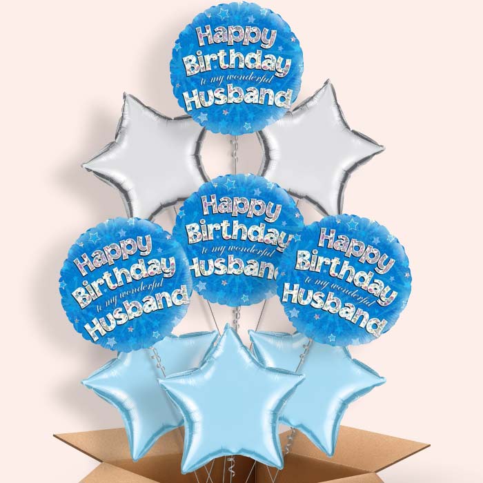 Husband Birthday Balloons in a Box - Blue Stars - 9 Balloon | Small Indoor Plants