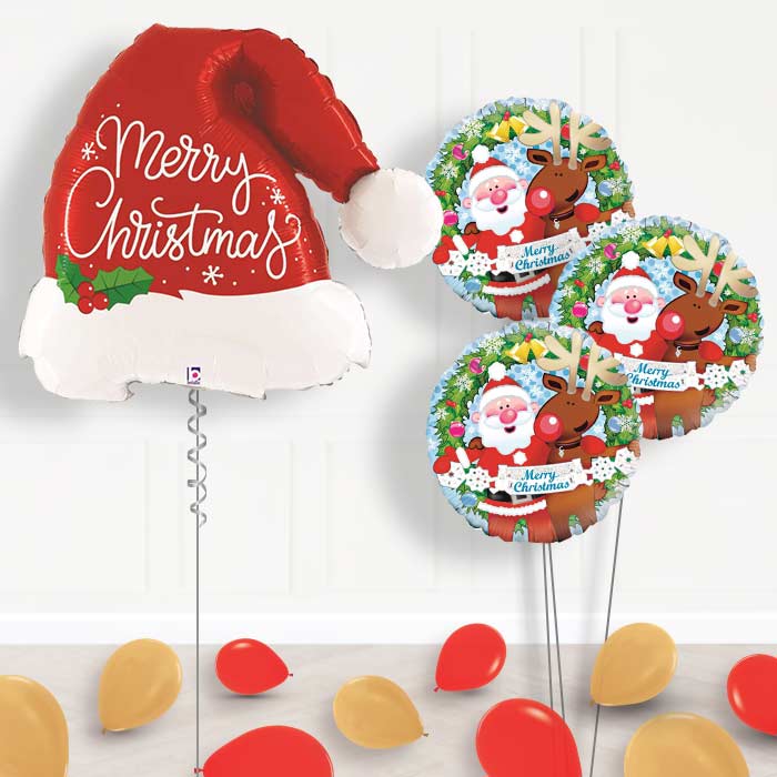 Santa Hat Helium Balloon Bouquet Delivered - Themed Bouquet and Latex | Small Indoor Plants