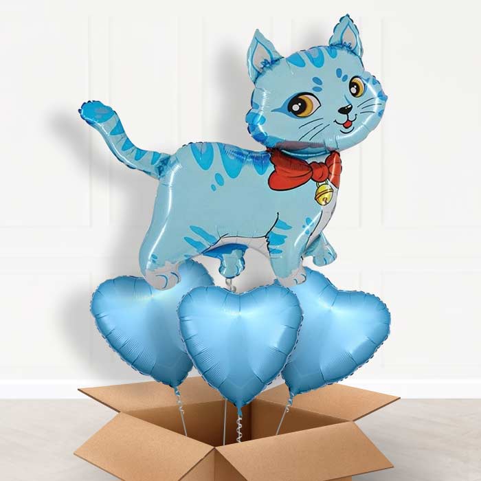 Giant Blue Cat Foil Balloon in a Box - With 3 Plain Balloons | Small Indoor Plants