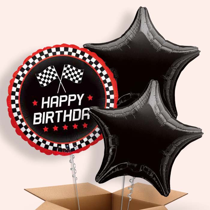 Chequered Flag Birthday Balloon in a Box - 3 Balloon | Small Indoor Plants