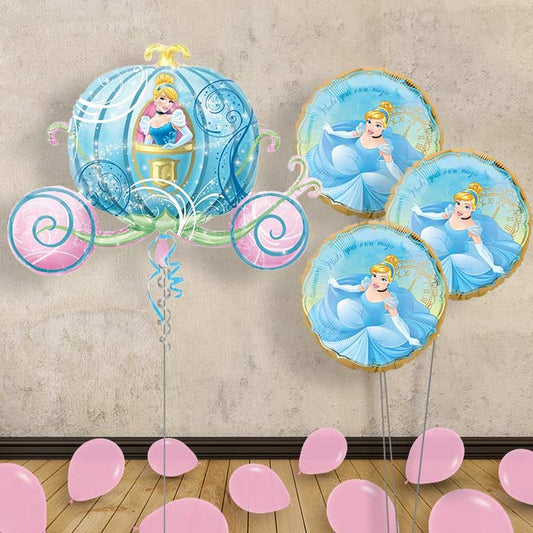 Cinderella Carriage Giant Balloon with 3 Balloon Bouquet Inflated Balloon in a Box - Themed Bouquet and Latex