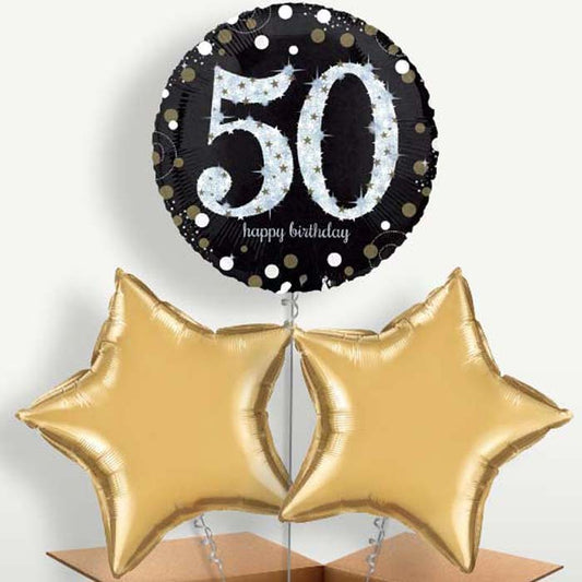 Gold 50th Birthday Trio Balloon Bunch inflated with Helium | Small Indoor Plants