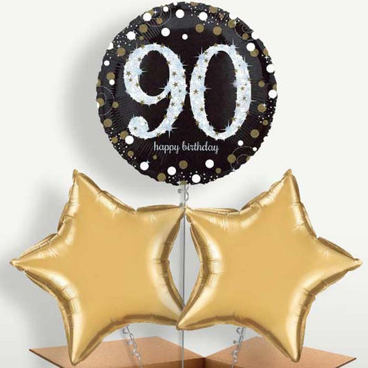 Gold 90th Birthday Trio Balloon Bunch inflated with Helium | Small Indoor Plants