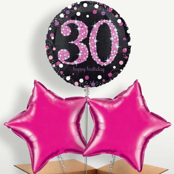 Pink 30th Birthday Balloon Bunch inflated with Helium | Small Indoor Plants