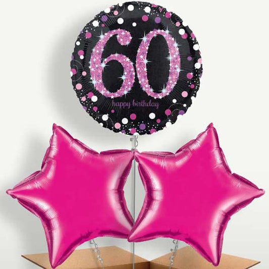 Pink 60th Birthday Balloon Bunch inflated with Helium | Small Indoor Plants