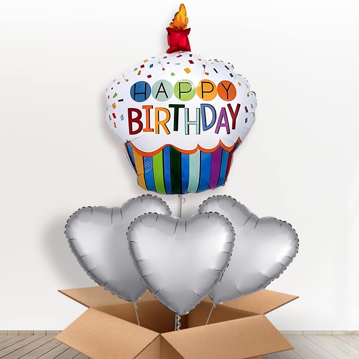 Rainbow Cupcake Giant Helium Balloon in a Box Gift - With 3 Plain Balloons | Small Indoor Plants