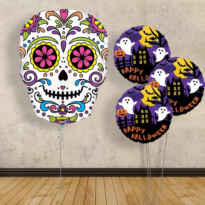 Giant Skull Day of the Dead Balloons in a Box - Themed Bouquet | Small Indoor Plants