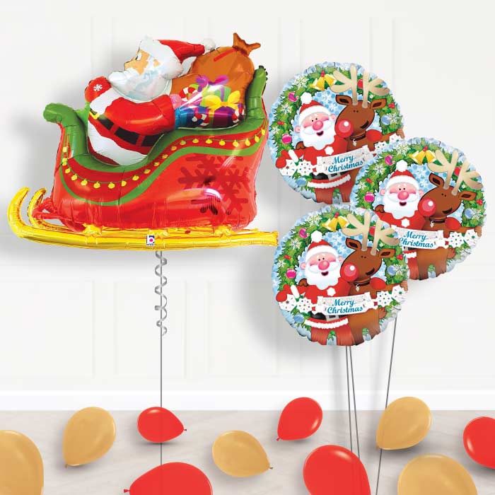 Santa Sleigh Christmas Helium Balloon Bouquet Delivered - Themed Bouquet and Latex | Small Indoor Plants
