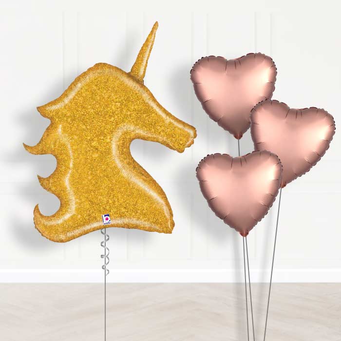 Gold Unicorn Balloon Bouquet Delivery in a Box - Plain Bouquet | Small Indoor Plants