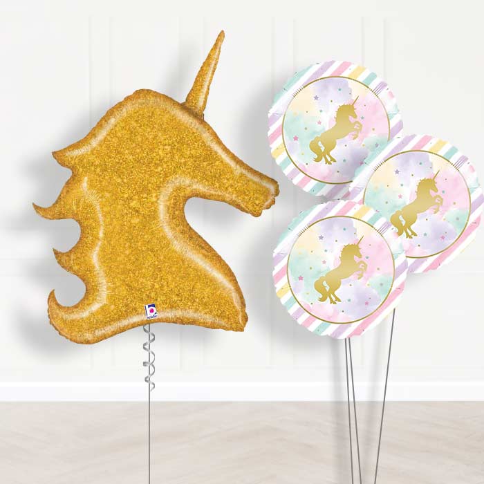 Gold Unicorn Balloon Bouquet Delivery in a Box - Themed Bouquet | Small Indoor Plants