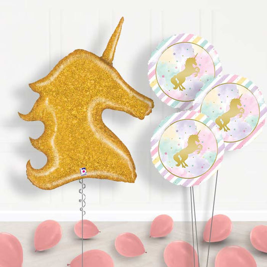 Gold Unicorn Balloon Bouquet Delivery in a Box - Themed Bouquet and Latex | Small Indoor Plants